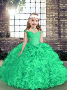 Hot Selling Green Side Zipper Pageant Dress for Teens Beading and Ruffles Sleeveless Floor Length