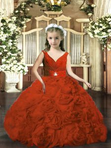 Customized Rust Red Backless V-neck Beading and Ruching Winning Pageant Gowns Fabric With Rolling Flowers Sleeveless