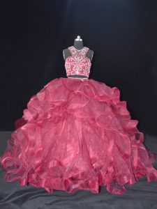 Romantic Burgundy Backless Scoop Beading and Ruffles Quince Ball Gowns Organza Sleeveless Brush Train