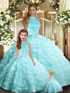 Custom Made Aqua Blue Ball Gowns Organza Halter Top Sleeveless Beading and Ruffled Layers Floor Length Backless Sweet 16 Dress