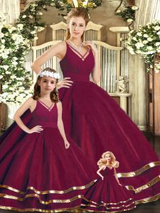 Extravagant V-neck Sleeveless Quinceanera Dresses Floor Length Ruffled Layers Burgundy Tulle