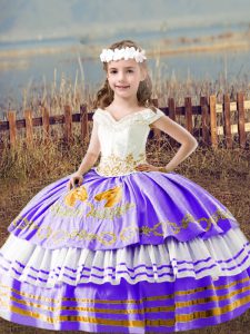 Floor Length Lavender Kids Formal Wear Satin Sleeveless Embroidery