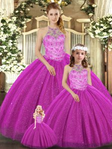 Floor Length Fuchsia Quinceanera Dresses Tulle Sleeveless Beading