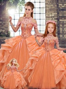 Orange Ball Gowns Halter Top Sleeveless Organza Floor Length Lace Up Beading and Ruffles Quinceanera Dresses