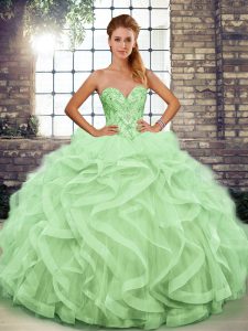 Apple Green Ball Gowns Beading and Ruffles Ball Gown Prom Dress Lace Up Tulle Sleeveless Floor Length