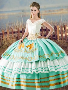 Gorgeous Aqua Blue Ball Gowns Satin V-neck Sleeveless Beading and Ruffled Layers Floor Length Lace Up Vestidos de Quinceanera