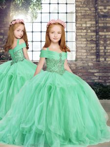 Apple Green Sleeveless Floor Length Beading and Ruffles Lace Up Girls Pageant Dresses