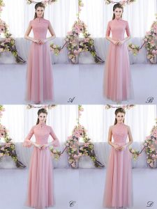 Pink Zipper Court Dresses for Sweet 16 Lace Cap Sleeves Floor Length
