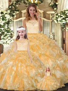 Noble Gold Clasp Handle Quinceanera Dresses Lace and Ruffles Sleeveless Floor Length