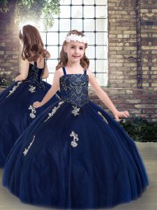 New Style Floor Length Lace Up Little Girl Pageant Dress Navy Blue and In with Beading and Appliques