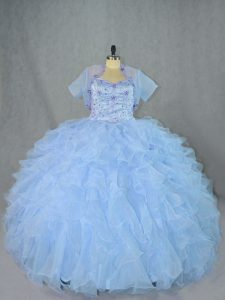 Floor Length Lace Up Quinceanera Dresses Blue for Sweet 16 and Quinceanera with Beading and Ruffles