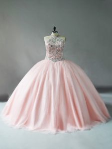 Captivating Halter Top Sleeveless Quinceanera Gown Floor Length Beading Pink Tulle