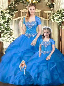 Adorable Blue Sweetheart Neckline Beading and Ruffles 15th Birthday Dress Sleeveless Lace Up