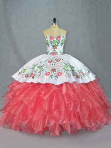 Sexy Watermelon Red Sleeveless Embroidery and Ruffles Lace Up 15 Quinceanera Dress