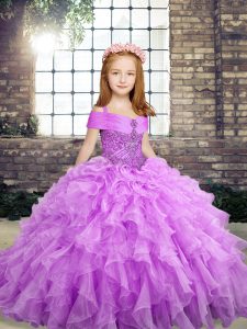 Adorable Lavender Sleeveless Floor Length Beading and Ruffles Lace Up Child Pageant Dress