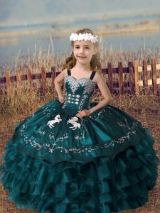 Latest Green Straps Lace Up Embroidery and Ruffled Layers Girls Pageant Dresses Sleeveless