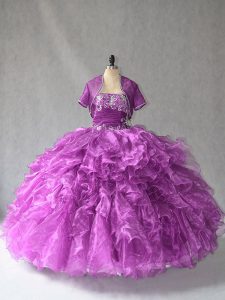 Admirable Purple Organza Lace Up Quinceanera Dress Sleeveless Floor Length Beading and Ruffles