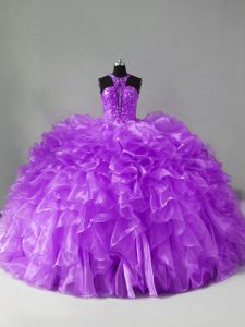 Classical Purple Halter Top Neckline Beading and Ruffles Vestidos de Quinceanera Sleeveless Zipper