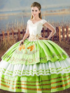 Amazing Satin Sleeveless Floor Length 15 Quinceanera Dress and Embroidery and Ruffled Layers