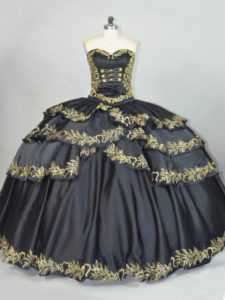 Excellent Black Ball Gowns Embroidery 15th Birthday Dress Lace Up Satin Sleeveless Floor Length