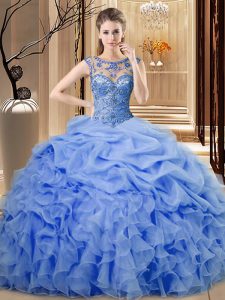 Discount Blue Organza Lace Up Scoop Sleeveless Floor Length Quinceanera Gown Beading and Ruffles