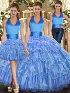 Clearance Halter Top Sleeveless Quinceanera Dress Floor Length Ruffles and Pick Ups Baby Blue
