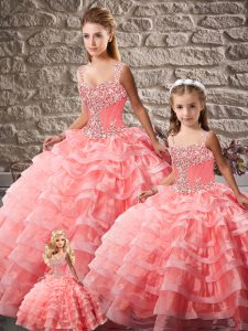 Exceptional Watermelon Red Ball Gown Prom Dress Sweet 16 and Quinceanera with Beading and Ruffled Layers Straps Sleeveless Court Train Lace Up
