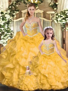 Gold Sweetheart Lace Up Beading and Ruffles Sweet 16 Dress Sleeveless