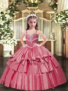 Red Ball Gowns Taffeta Straps Sleeveless Beading Floor Length Lace Up Kids Pageant Dress