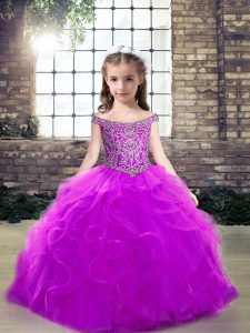 Beauteous Floor Length Lace Up Little Girls Pageant Gowns Purple for Party and Wedding Party with Beading and Ruffles