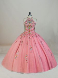 Dynamic Pink Lace Up Quinceanera Gowns Appliques and Embroidery Sleeveless Brush Train