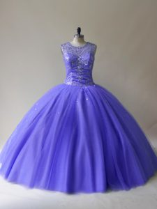 Fitting Purple Ball Gowns Beading 15th Birthday Dress Lace Up Tulle Sleeveless Floor Length