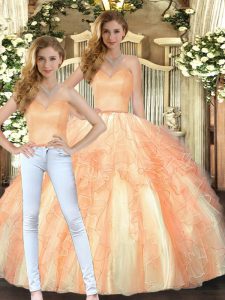 Orange Sleeveless Floor Length Beading and Ruffles Lace Up Vestidos de Quinceanera