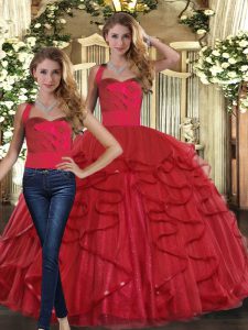Customized Red Sleeveless Floor Length Ruffles Lace Up 15th Birthday Dress