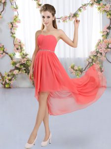 Perfect Beading Dama Dress for Quinceanera Watermelon Red Lace Up Sleeveless High Low