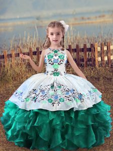 Fashionable Turquoise Pageant Gowns For Girls Wedding Party with Embroidery and Ruffles Scoop Sleeveless Lace Up