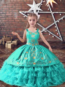 Turquoise Ball Gowns Satin and Organza Straps Sleeveless Embroidery and Ruffled Layers Floor Length Lace Up Kids Formal Wear