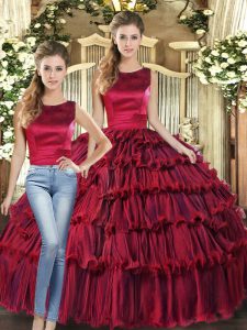 Cute Floor Length Two Pieces Sleeveless Wine Red Vestidos de Quinceanera Lace Up