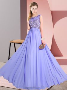 Captivating Lavender Backless Dama Dress for Quinceanera Beading and Appliques Sleeveless Floor Length