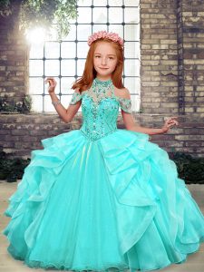 Beading and Ruffles Little Girls Pageant Gowns Aqua Blue Lace Up Sleeveless Floor Length