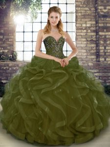 Trendy Olive Green Sleeveless Floor Length Beading and Ruffles Lace Up Vestidos de Quinceanera