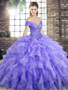 Lavender Ball Gown Prom Dress Military Ball and Sweet 16 and Quinceanera with Beading and Ruffles Off The Shoulder Sleeveless Brush Train Lace Up