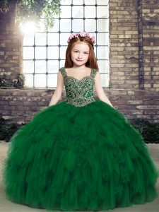 Classical Dark Green Tulle Lace Up Little Girls Pageant Dress Sleeveless Floor Length Beading and Ruffles