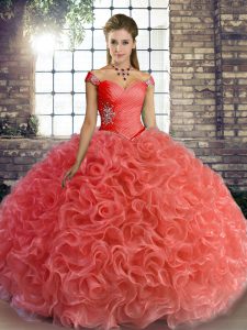 Floor Length Lace Up Quinceanera Dresses Watermelon Red for Military Ball and Sweet 16 and Quinceanera with Beading