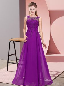 Flirting Purple Empire Chiffon Scoop Sleeveless Beading and Appliques Floor Length Zipper Quinceanera Court of Honor Dress