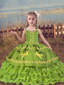 Customized Olive Green Organza Lace Up Little Girl Pageant Gowns Sleeveless Floor Length Beading and Embroidery and Ruffled Layers
