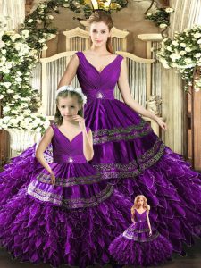 Delicate Purple Ball Gowns Beading and Embroidery and Ruffles 15 Quinceanera Dress Backless Organza Sleeveless Floor Length
