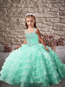 Nice Apple Green Ball Gowns Organza Straps Sleeveless Beading and Ruffled Layers Lace Up Little Girls Pageant Dress Brush Train