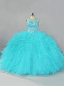 Aqua Blue Sleeveless Beading and Ruffles Floor Length Sweet 16 Quinceanera Dress