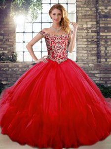 Red Off The Shoulder Lace Up Beading and Ruffles Quinceanera Dress Sleeveless